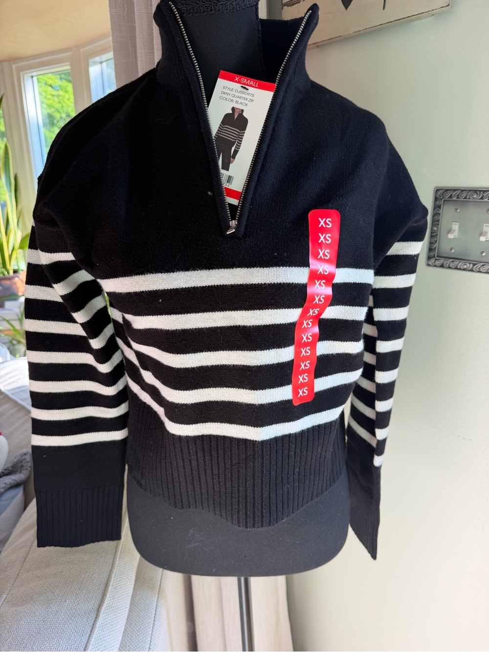 Dkny Black and White Striped Half-Zip Sweater Runs Larger